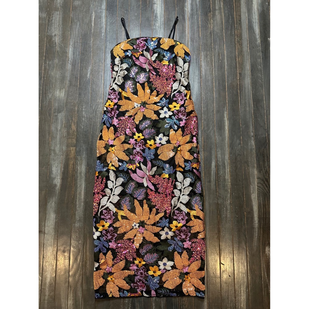 Anewsta Floral Sequin Midi Dress Spaghetti Strap Multi Color Sheath